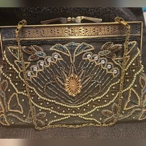 Elegant Dark Brown and Gold Beaded Clutch